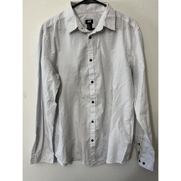 H&M Men's Size Large Slim Fit Dress Shirt Button Up Long Sleeve White Polka Dot - Picture 1 of 5